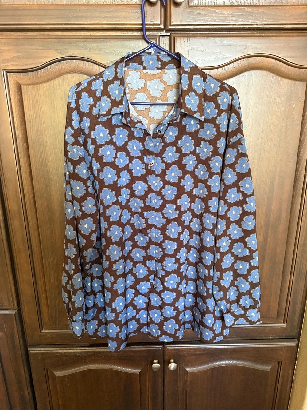 SHEIN Brown Button-Down Shirt with Blue Floral Print